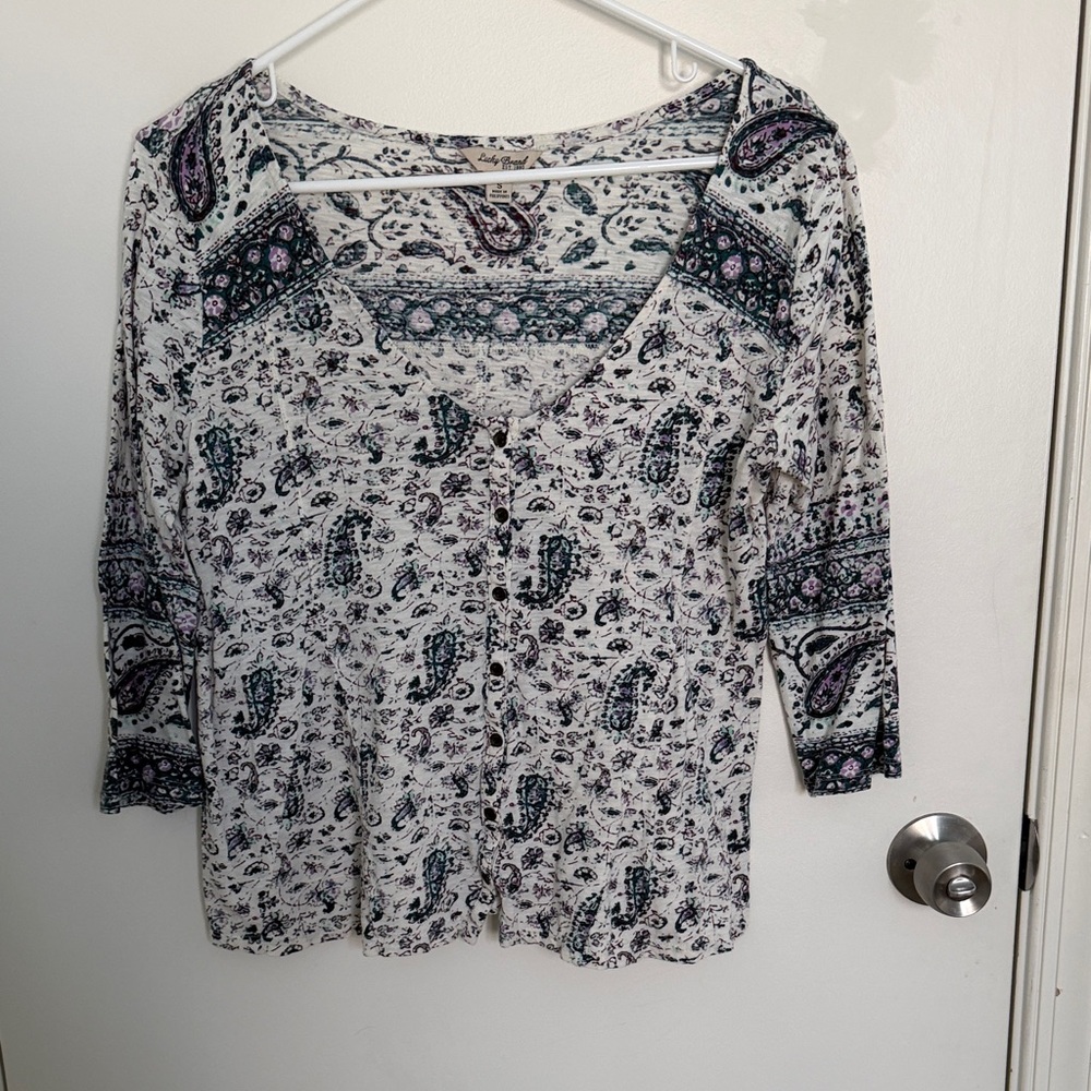 Lucky Brand White and Blue Paisley Blouse